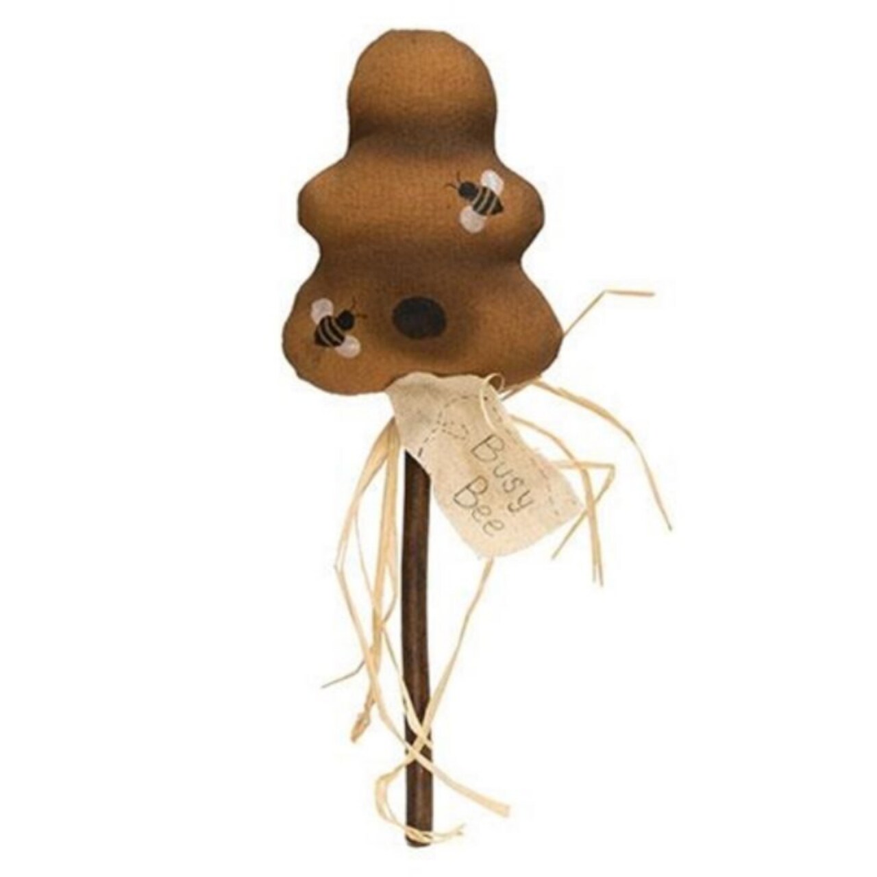 Primitive Beehive Decoration Golden Linen Busy Bee Pick with Wooden Dowel and Raffia Accent